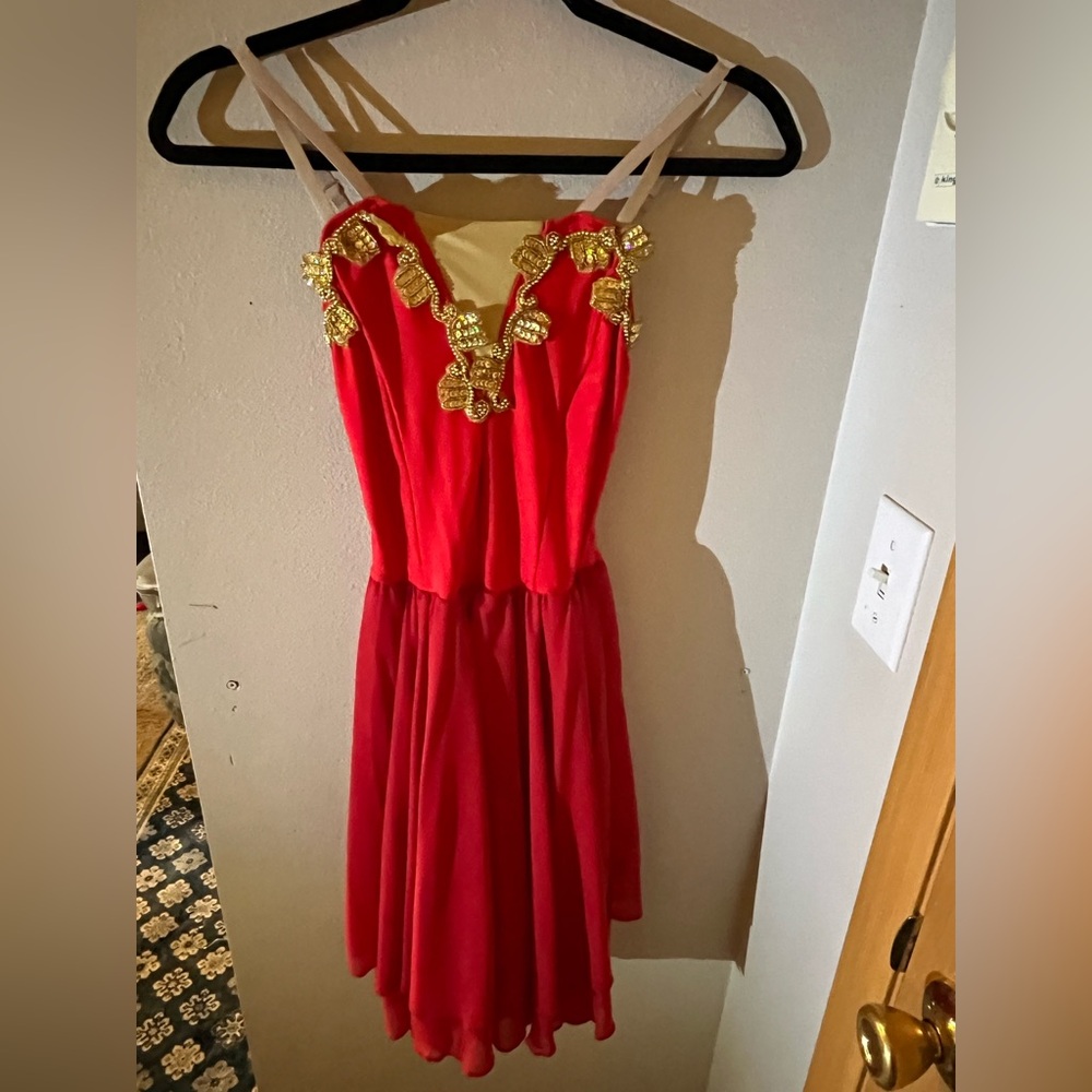 ADULT SMALL dance costume Red Dress with Gold Sequin Accents